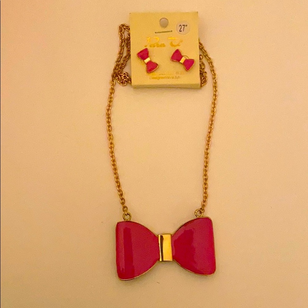 Pink Bow Necklace with Bow Earrings